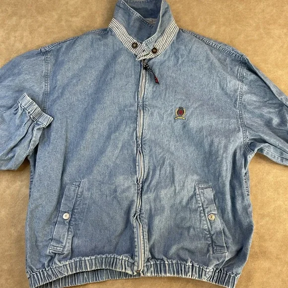Vintage Tommy Hilfiger Denim Jacket Harrington 90s Crest Logo Full Zip Men‎ Sz L - Picture 8 of 11